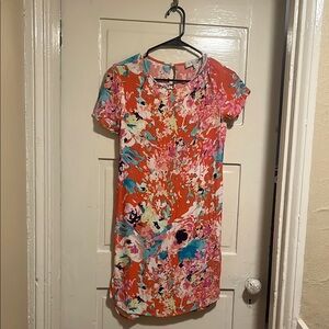 Wayf Orange Pink Floral Short Sleeve Mini Shift Dress